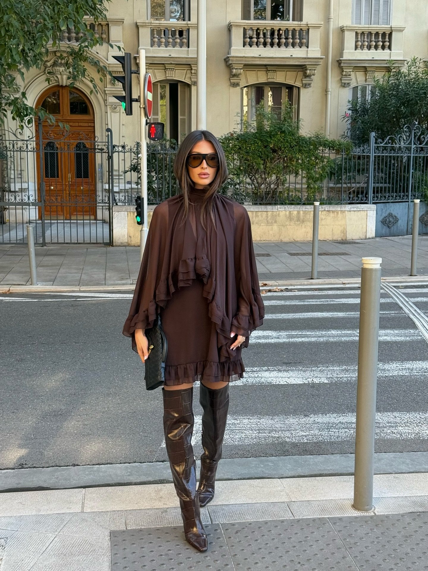 Ruffled Chiffon Mini Dress with Mock Neck and Over-the-Knee Crocodile Boots