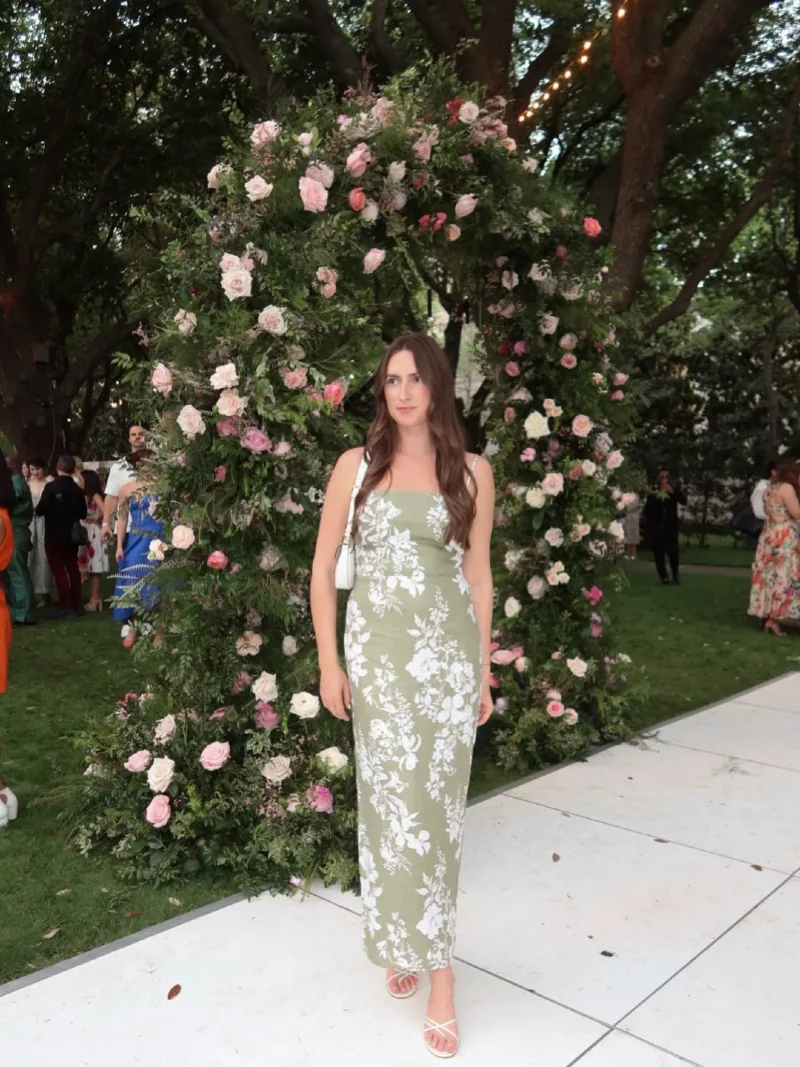 Sage Green Floral Print Slip Dress with White Strappy Sandals and Rose Archway