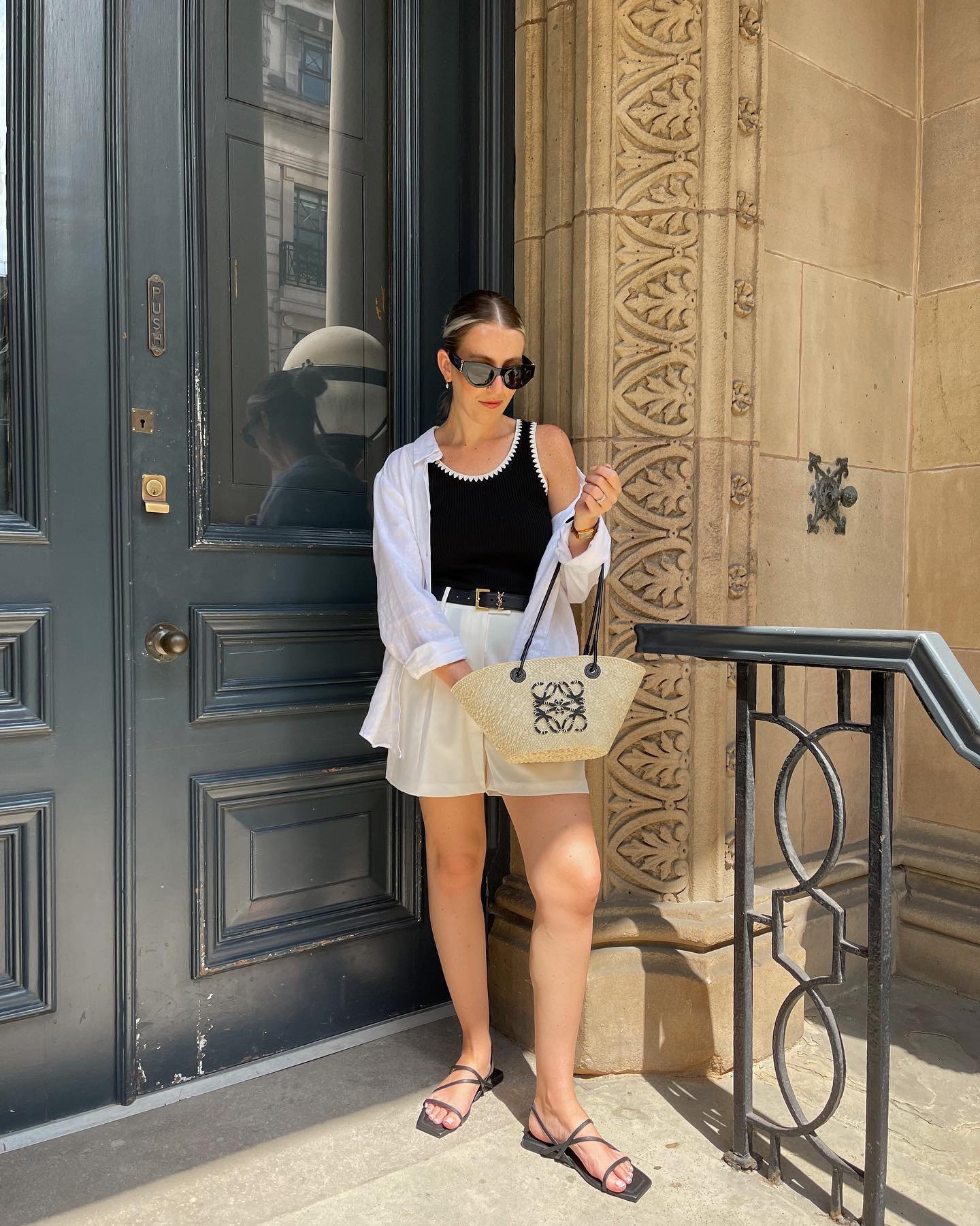 Scalloped Black Tank with Open Linen Shirt and Strappy Sandals