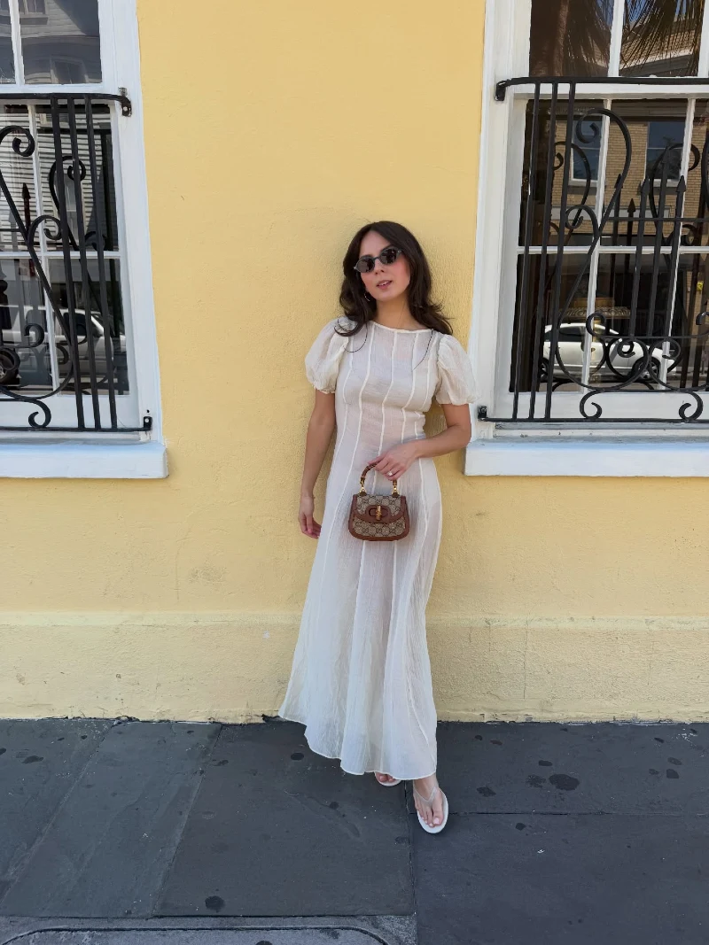 Sheer Cream Maxi Dress with Structured Mini Handbag