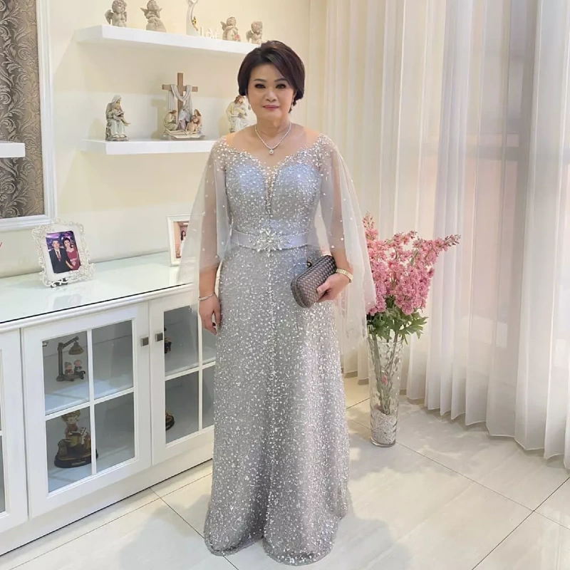 Silver Shimmering Column Gown with Sheer Cape Overlay
