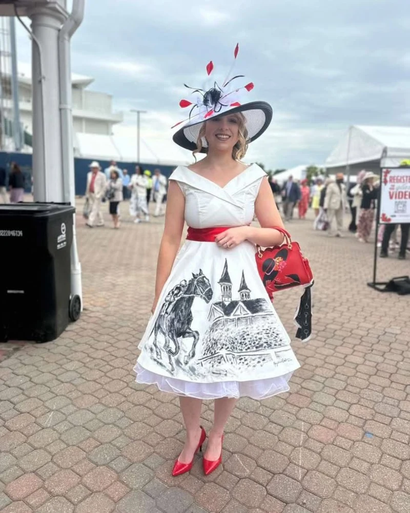 Sketch-Print Swing Dress with Thematic Red Sash and Matching Handbag