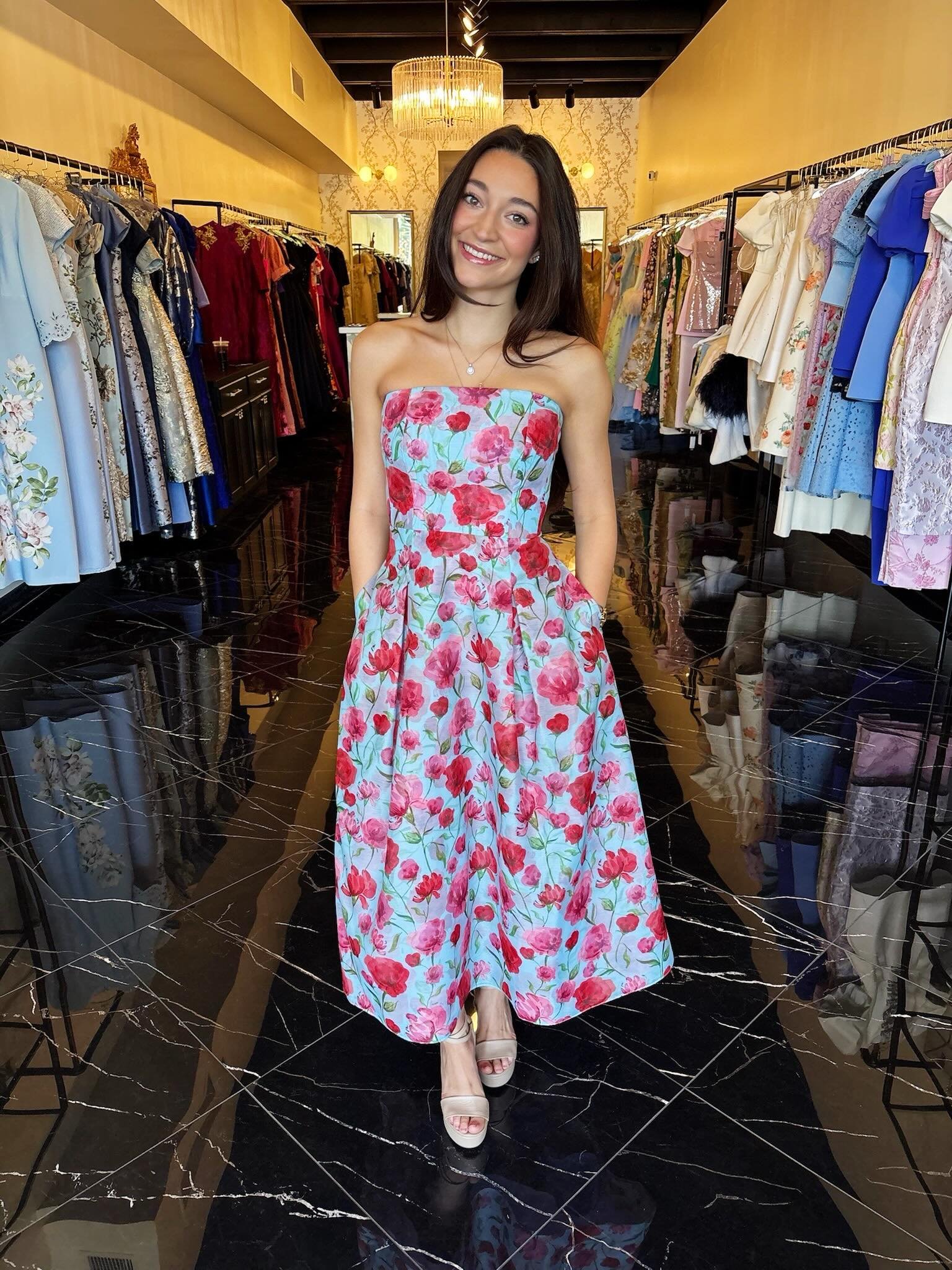 Sky-Blue Strapless A-Line Midi with Bold Poppy Prints