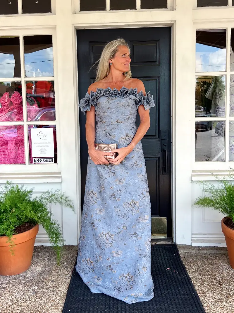 Slate Blue Jacquard Gown with Rosette-Trimmed Off-Shoulder Neckline