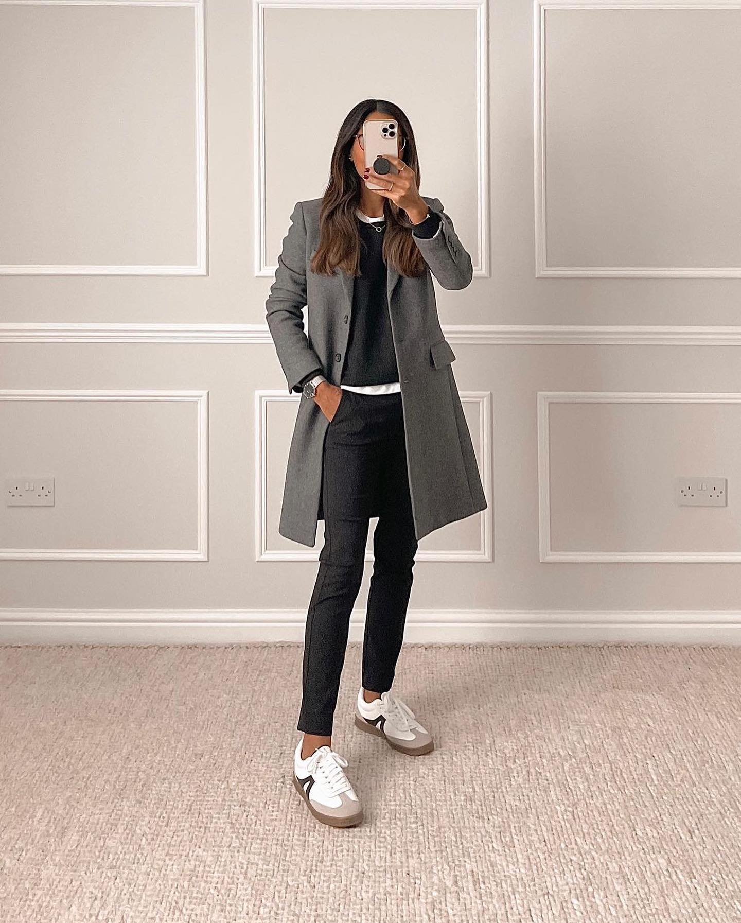 Slim Black Jeans with Layered Knitwear and Suede Gum-Sole Sneakers