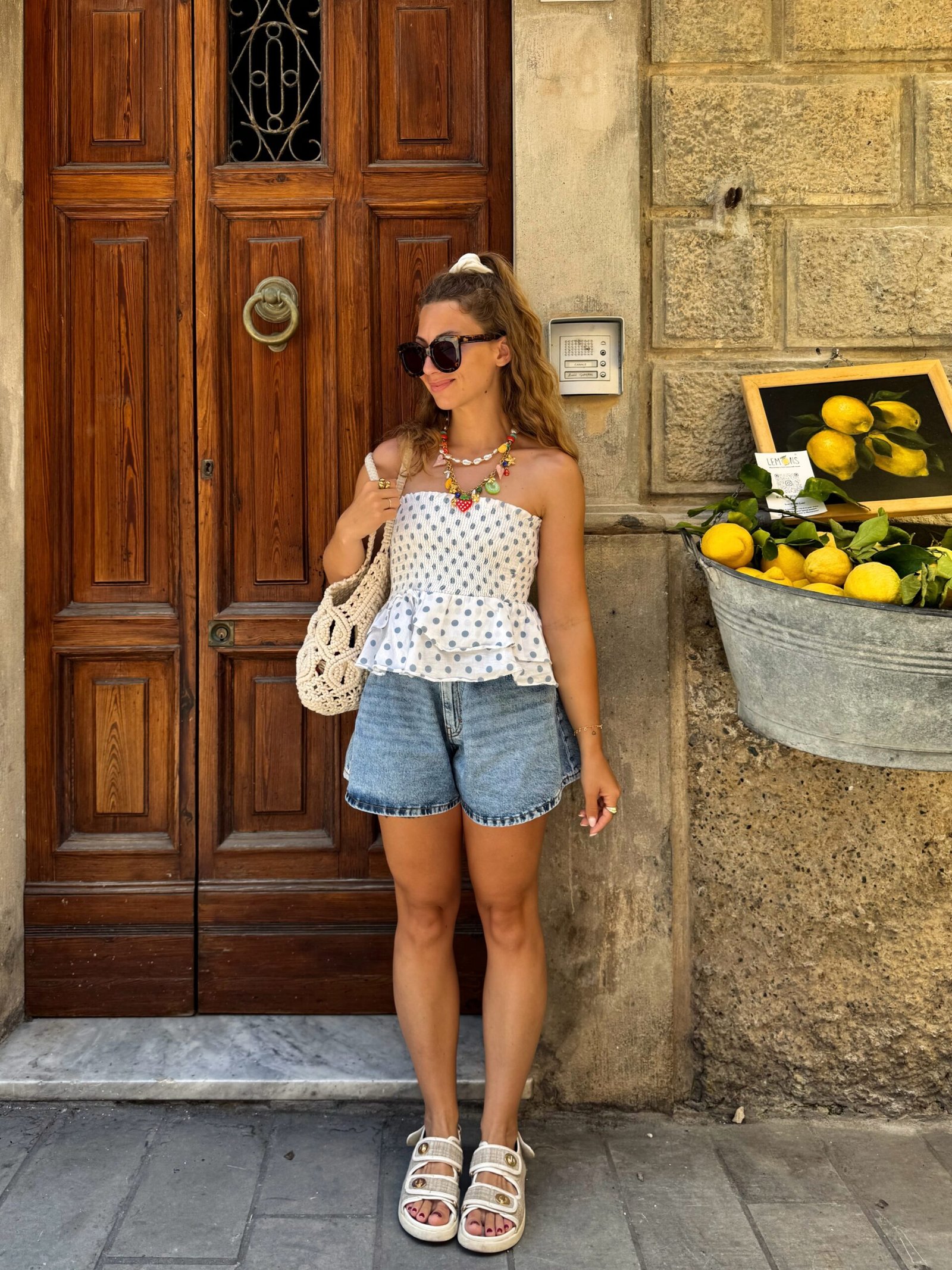 Smocked Peplum Top with High-Waisted Denim Shorts