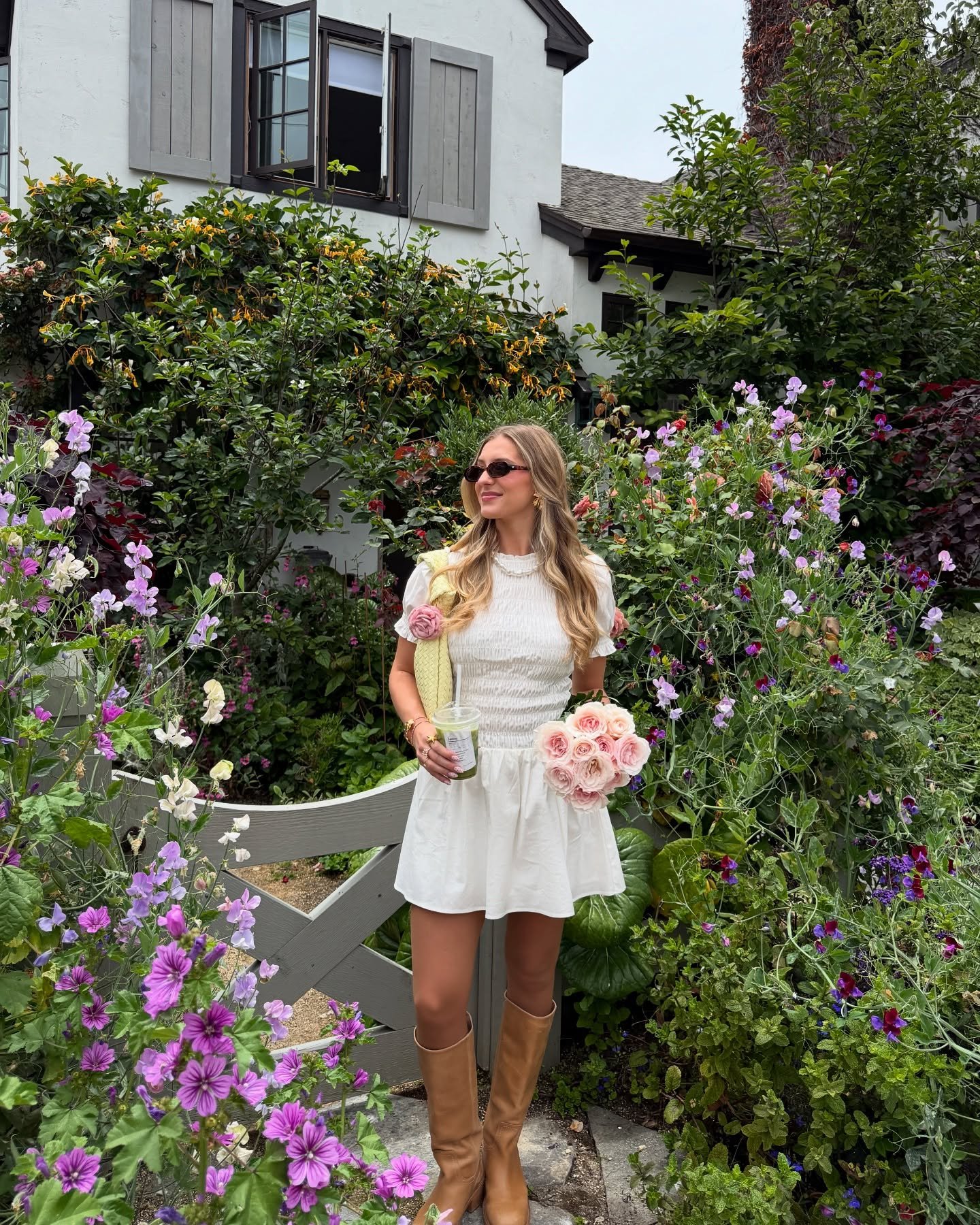 Smocked White Mini Dress with Tan Leather Knee Boots
