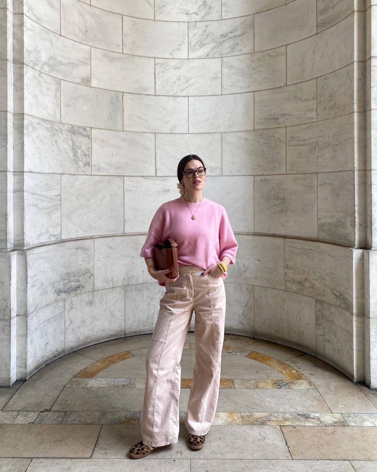 Soft Pink Knit with Pale Trousers and Leopard Print Loafers