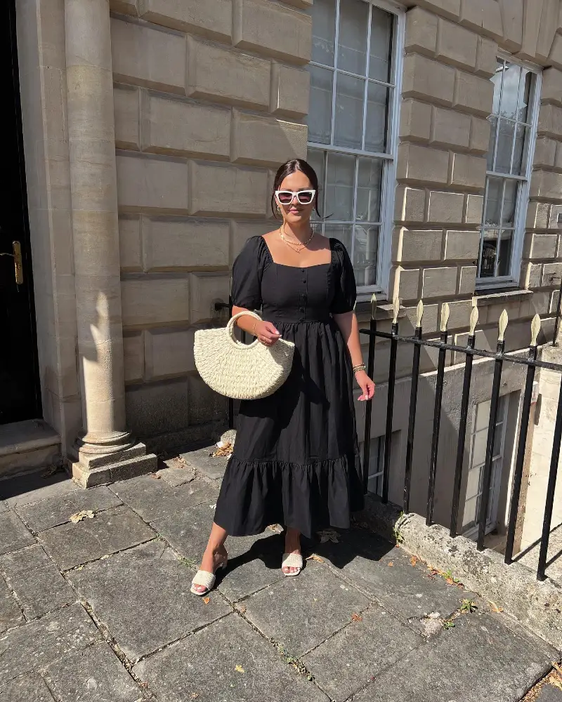 Square-Neck Black Midi Dress with Puff Sleeves and Cream Woven Half-Moon Bag