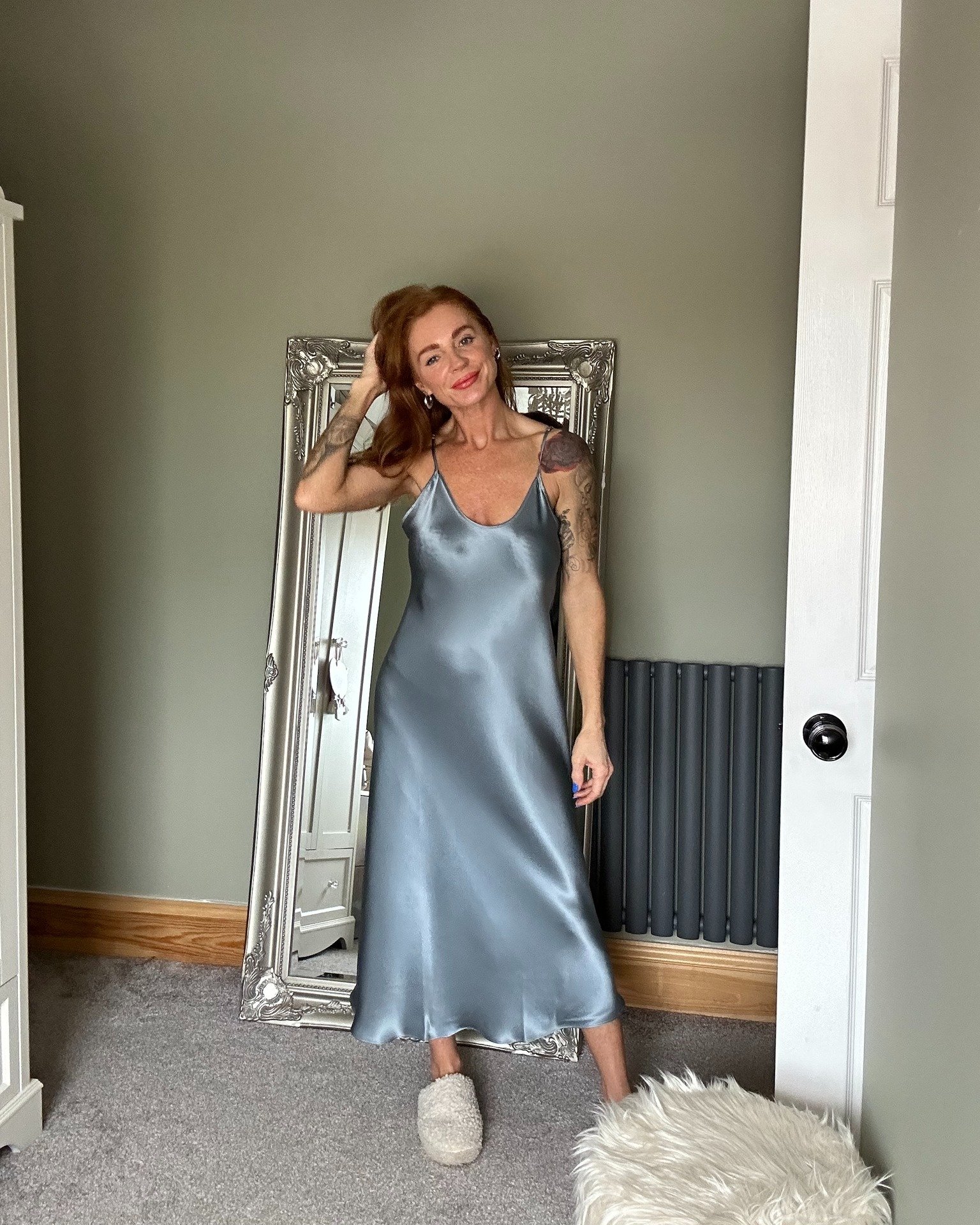 Steel Blue Satin Slip Dress with Fuzzy Slippers