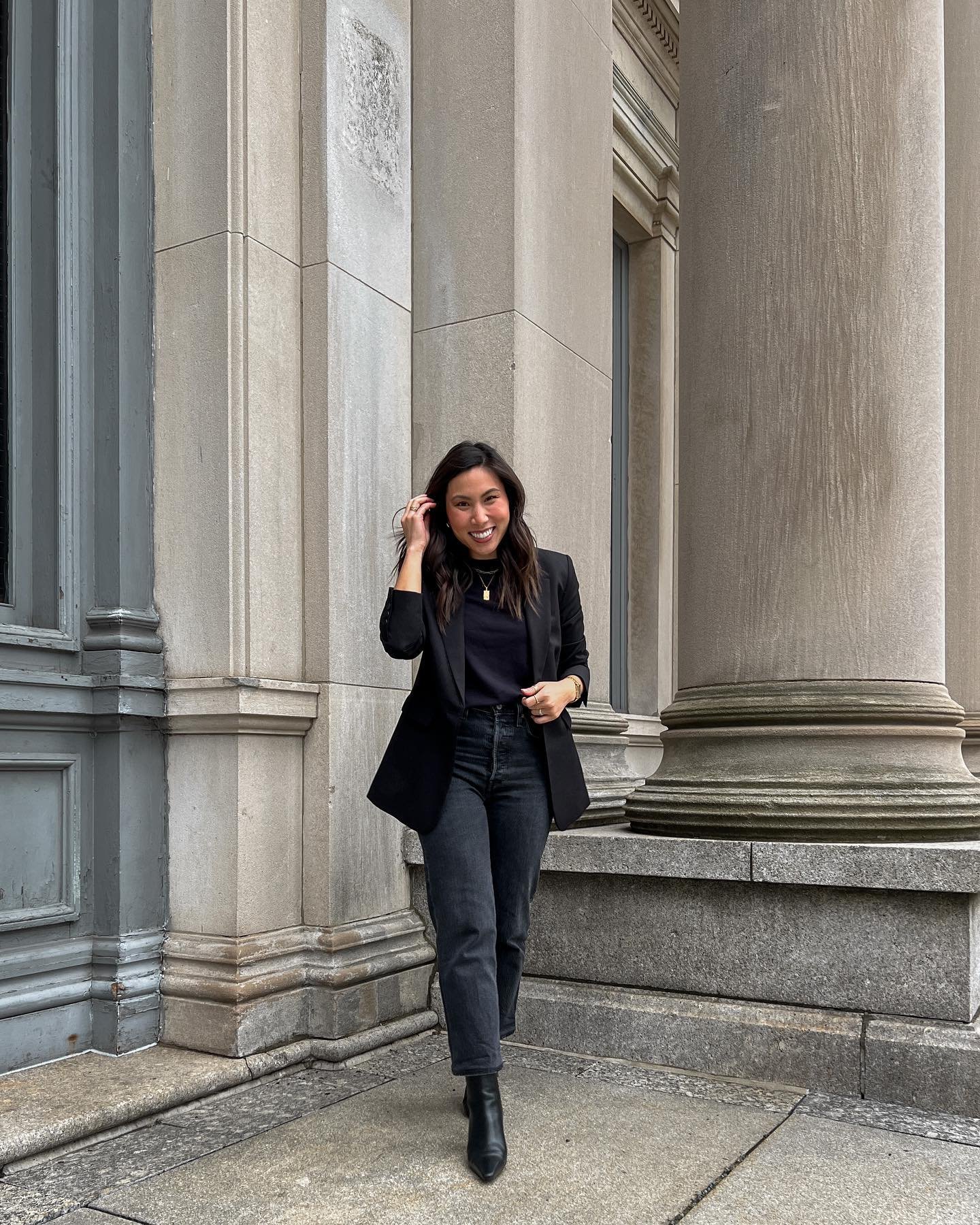 Straight Black Denim with Tailored Blazer and Pointed Leather Boots