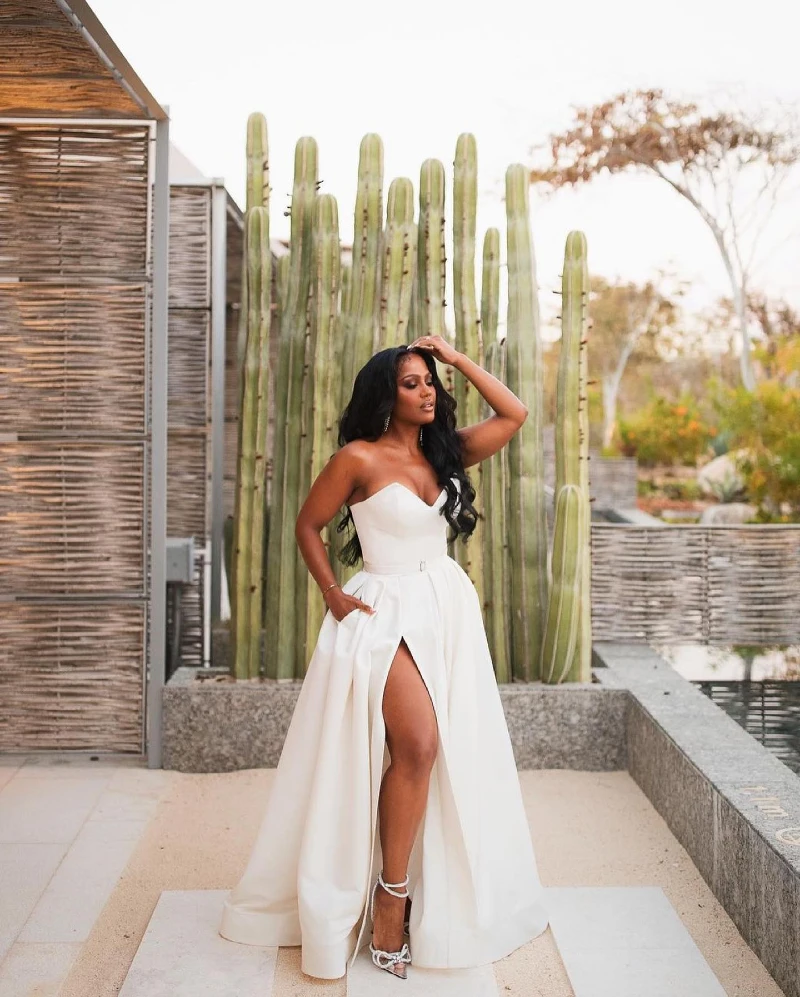 Strapless White A-Line Gown with Dramatic Leg Slit