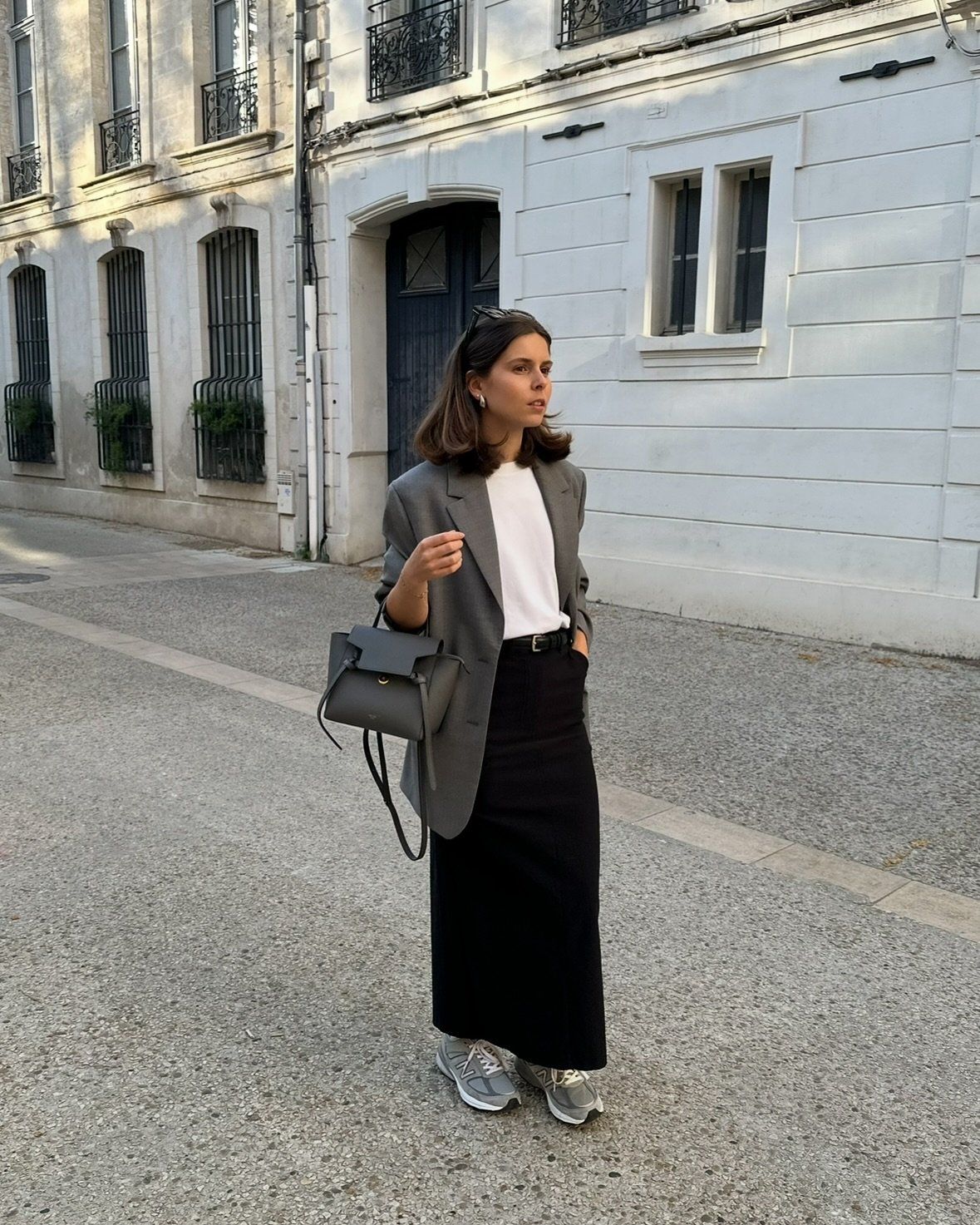 Structured Grey Blazer with Black Column Skirt and Athletic Sneakers