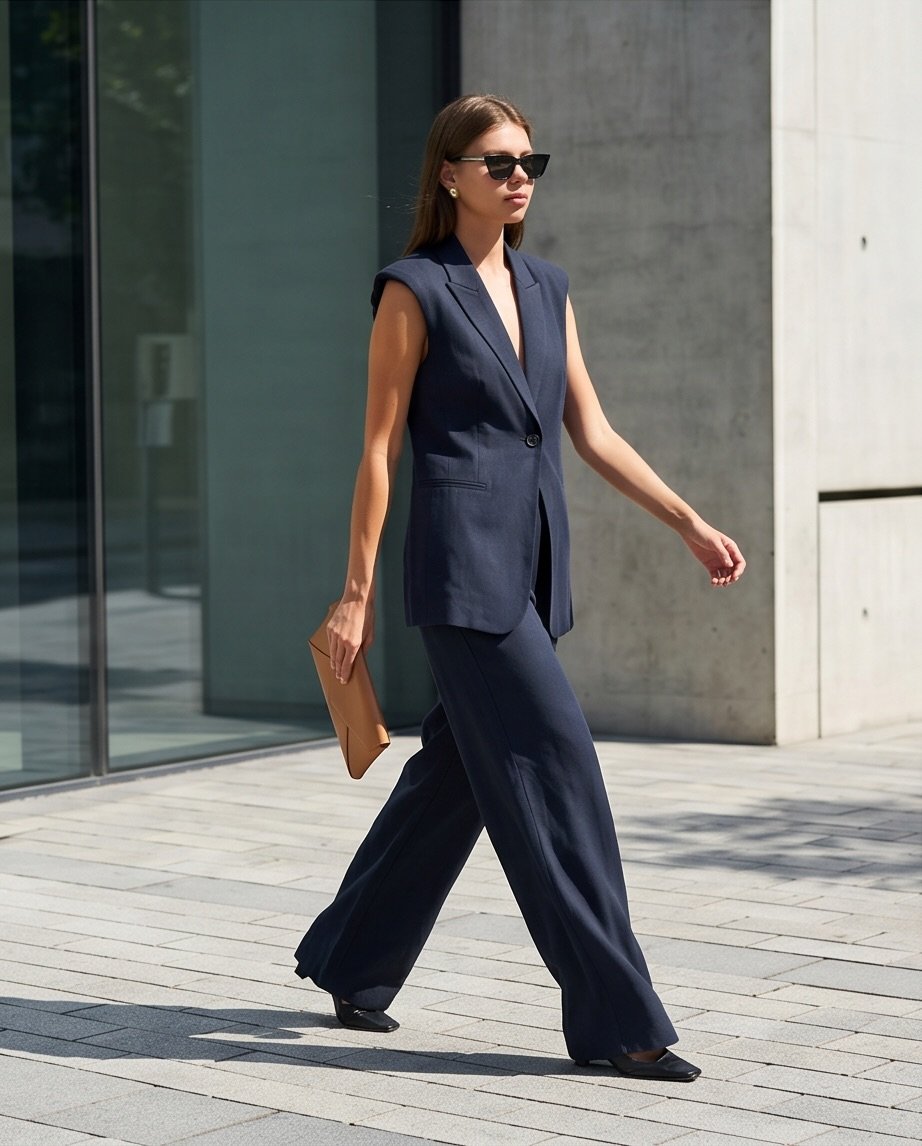 Tailored Navy Vest and Wide-Leg Trousers with Folded Tan Leather Clutch
