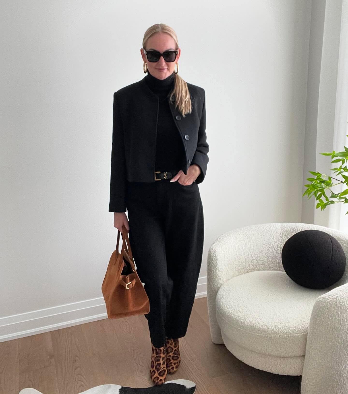 Tapered Black Jeans with Cropped Wool Jacket and Leopard Print Boots