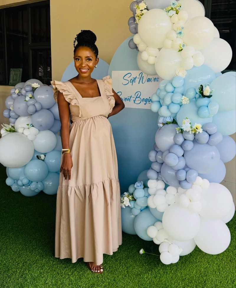 Taupe Ruffled Square-Neck Midi Dress with Grand Blue and White Balloon Arch