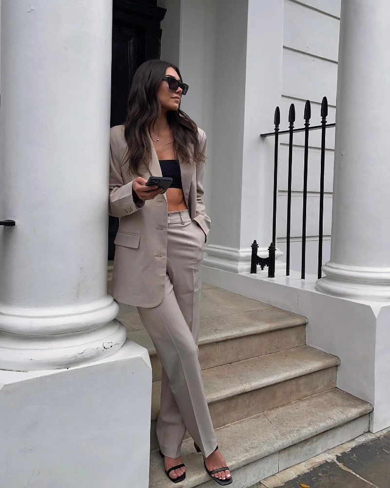 Taupe Summer Linen Suit with Black Cropped Bandeau and Barely-There Strappy Sandals