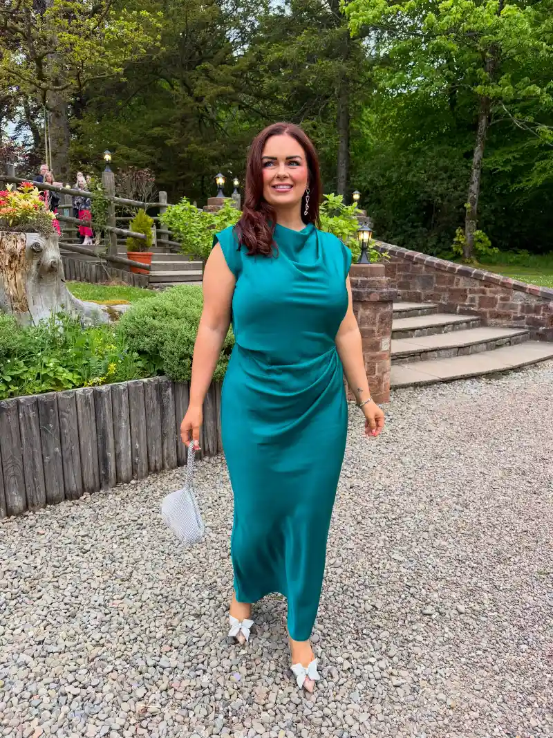Teal Draped Cowl Neck Maxi Dress with Bow-Accent Heels and Sparkle Handbag