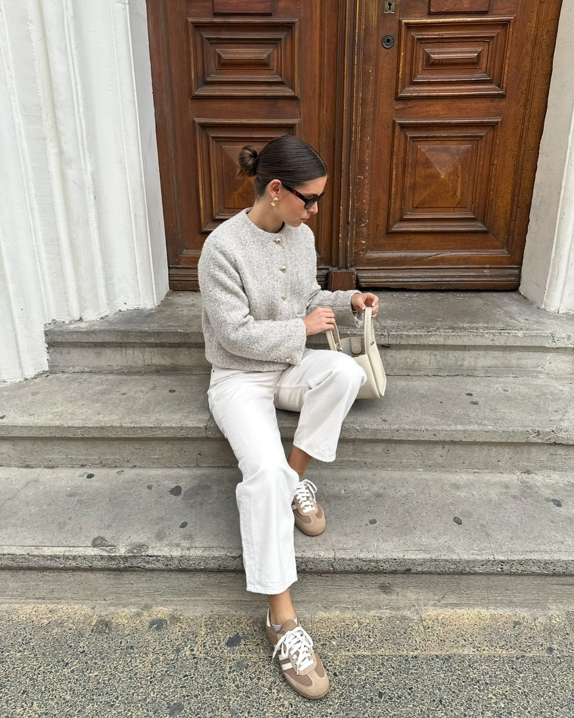 Textured Tweed Jacket with White Denim and Retro Sneakers