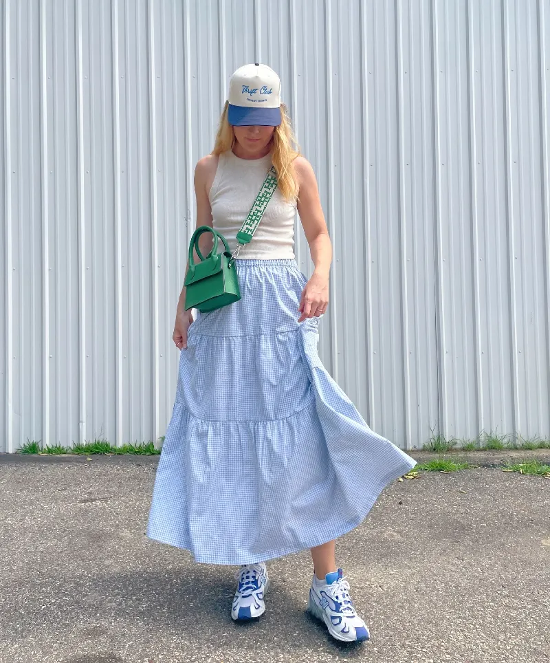 Tiered Gingham Maxi Skirt with Neutral Knit Tank, Bold Sneakers, and Kelly Green Bag