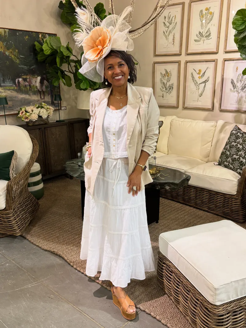 Tiered White Maxi Dress with Beige Blazer and Floral Statement Hat