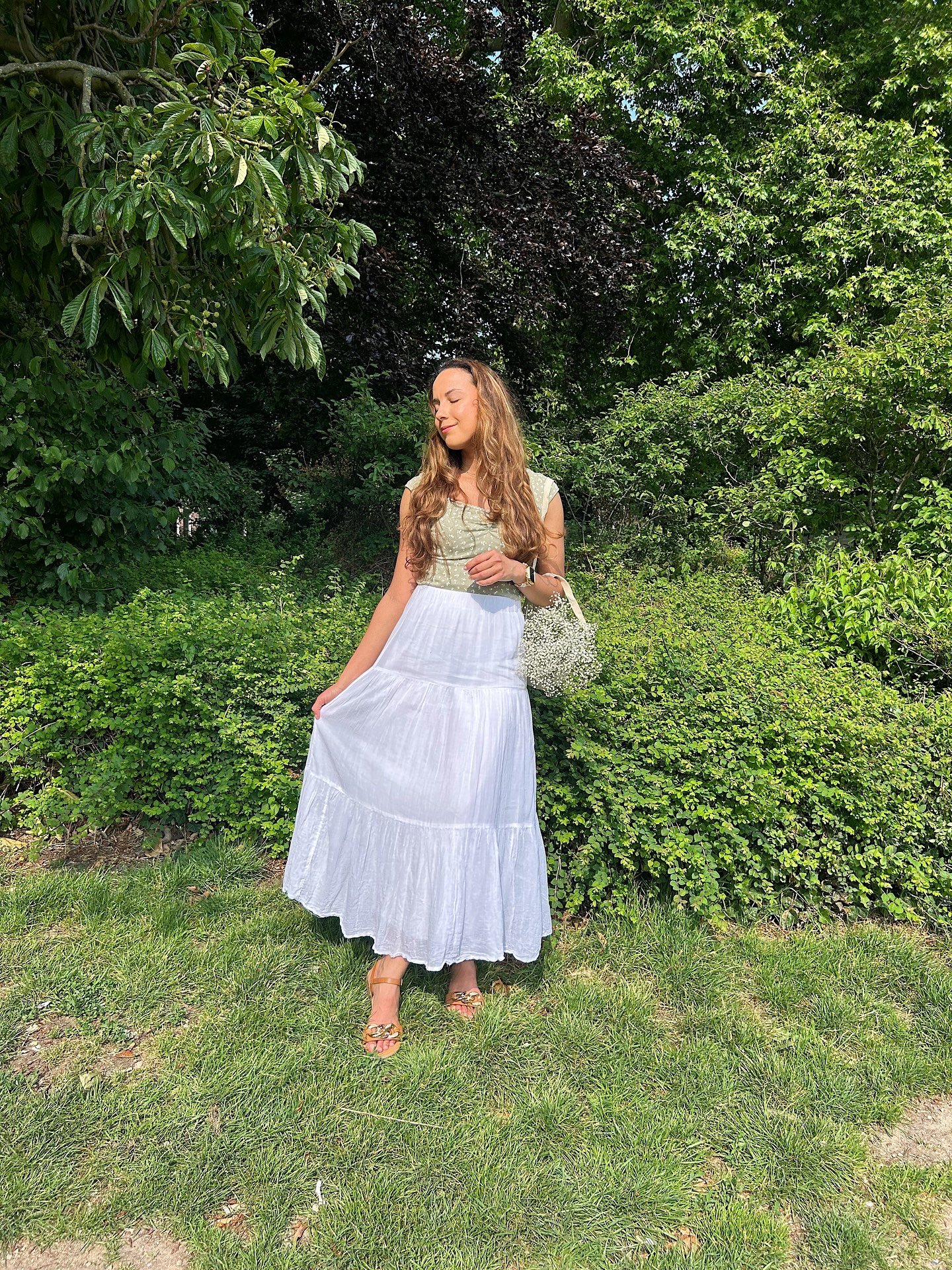 Tiered White Maxi Skirt and Sage Floral Top