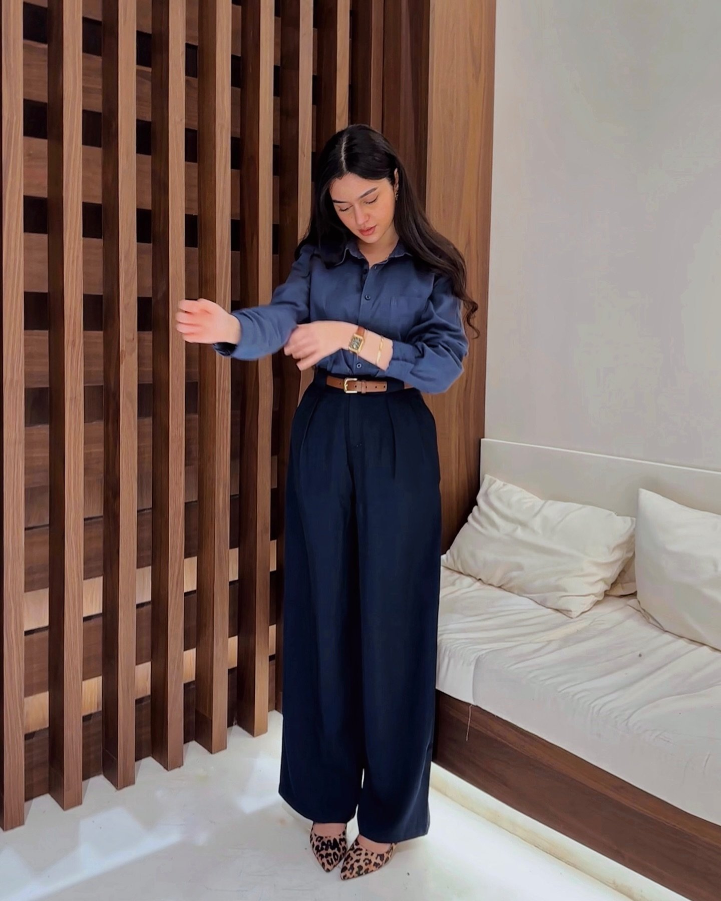 Tonal Blue Cotton Shirt with Dark Trousers and Leopard Print Flats