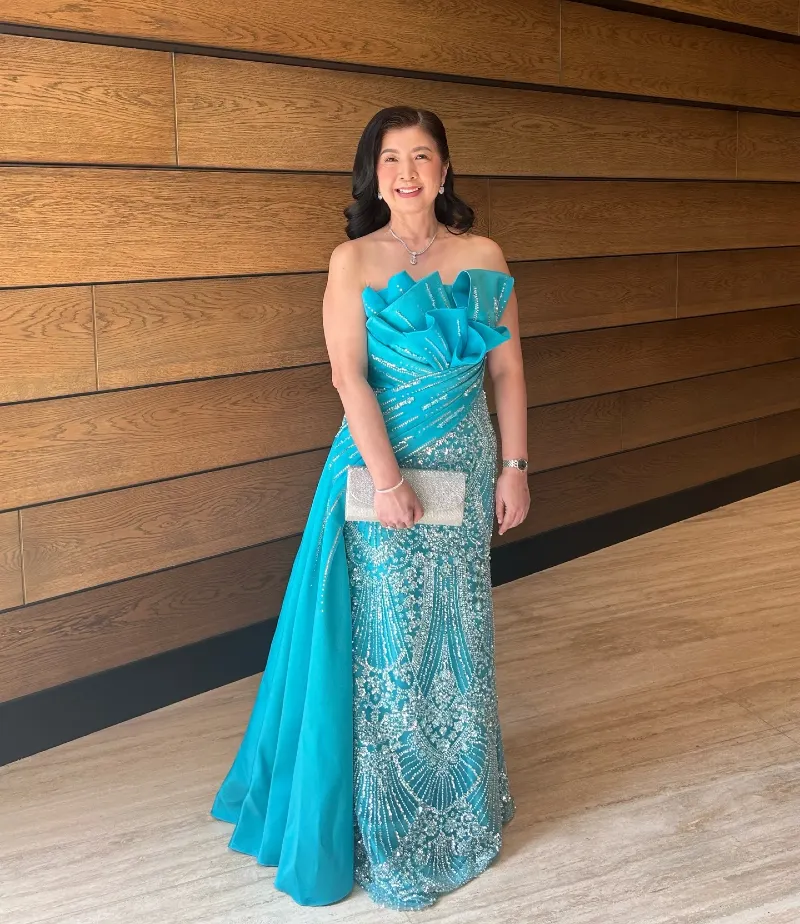 Turquoise Column Gown with Cascading Ruffle and Sequin Detailing