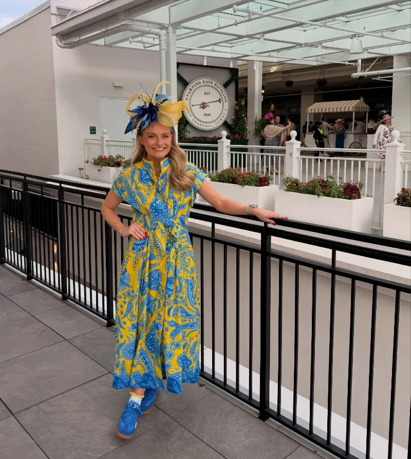 Vibrant Blue and Yellow Paisley Shirt Dress with Matching Sneakers