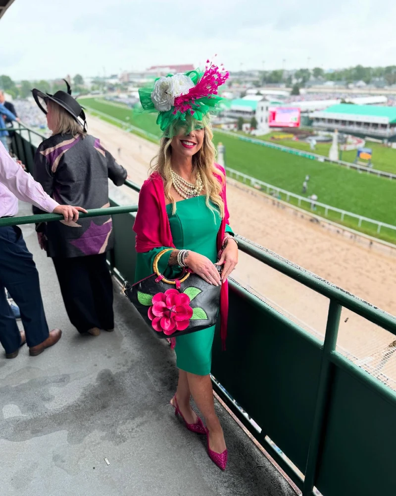 Vibrant Emerald Green Sheath Dress with Fuchsia Accents and Floral Accessories