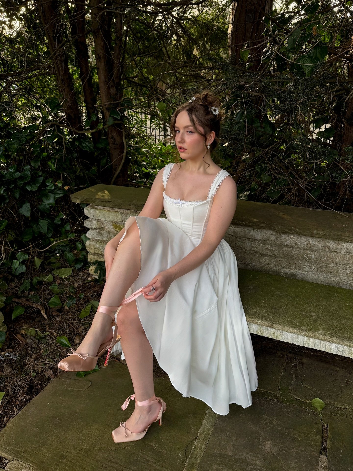White Corset Midi Dress with Satin Ribbon-Tie Ballet Heels