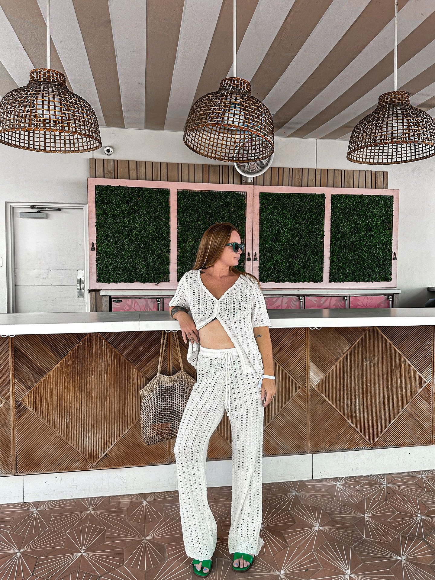 White Crochet Matching Set with Green Slide Sandals and Woven Tote