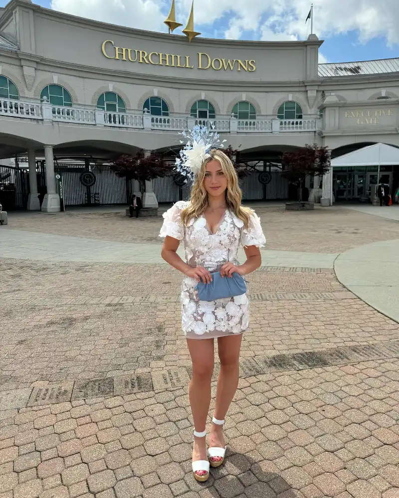 White Embroidered Mini Dress with Dusty Blue Clutch and Fascinator
