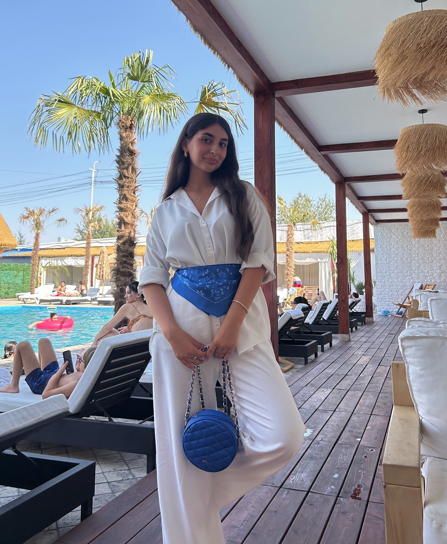White Linen Set with Blue Bandana Belt and Quilted Crossbody Bag
