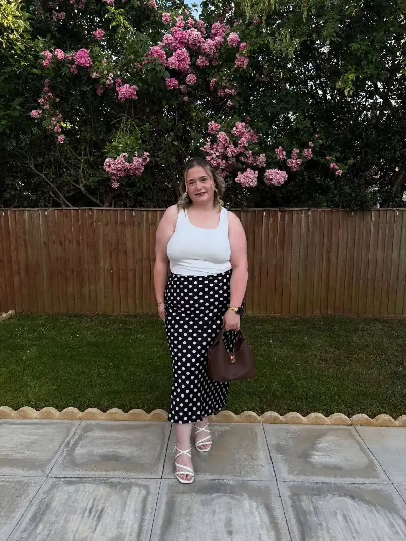White Scoop-Neck Tank Top with High-Waisted Polka Dot Midi Skirt and Strappy White Sandals