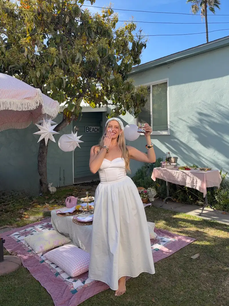 White Strapless Corset Midi Dress with Lace Headscarf and Backyard Picnic