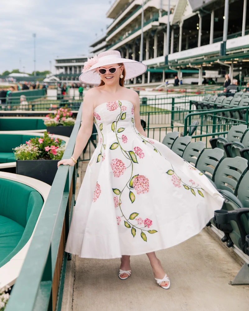 White Strapless Swing Dress with Cascading Pink Hydrangea Print