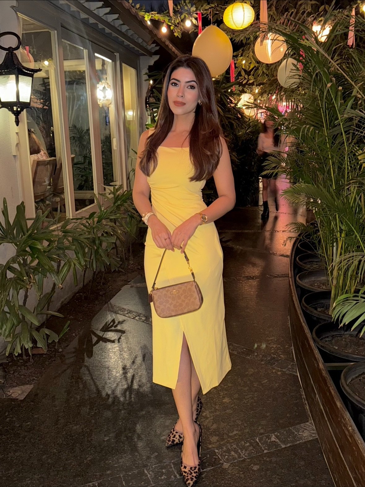 Yellow Square-Neck Midi Dress with Leopard Print Heels and Monogram Bag