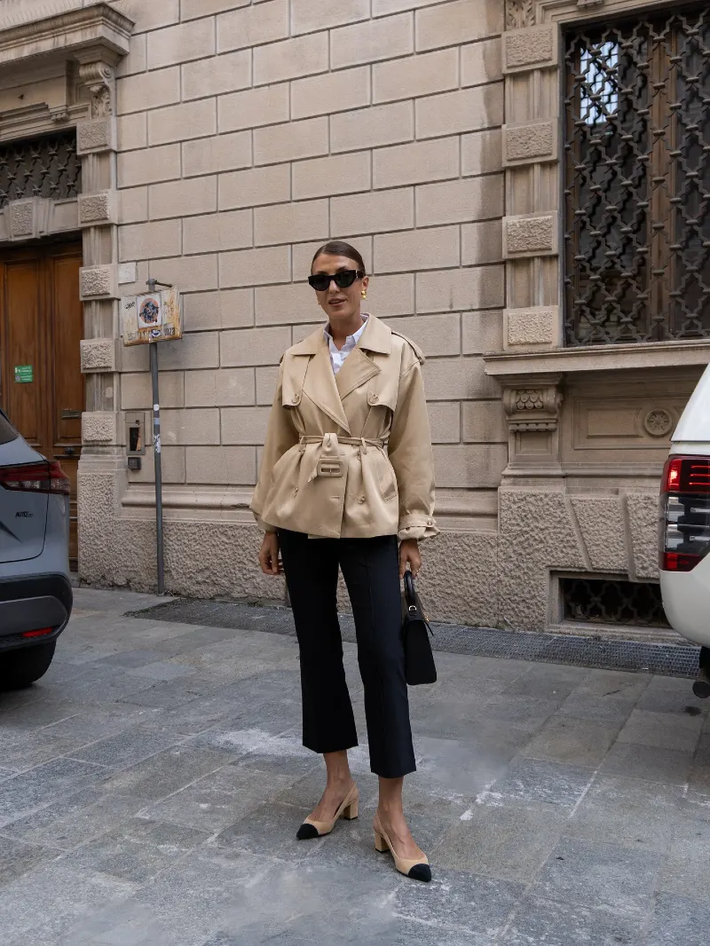 Belted Beige Trench Jacket with Cropped Black Trousers