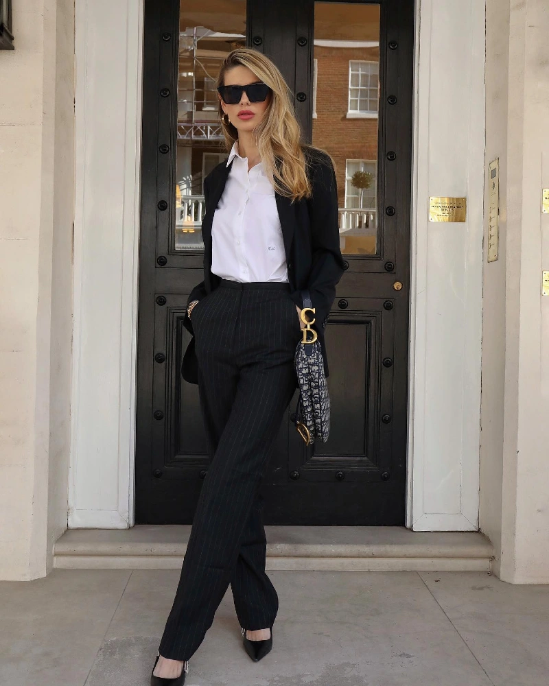 Black Blazer with White Shirt and Pinstripe Tailored Trousers