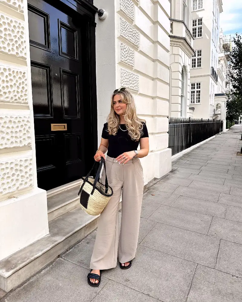 Black Fitted Tee with Taupe Wide Leg Trousers
