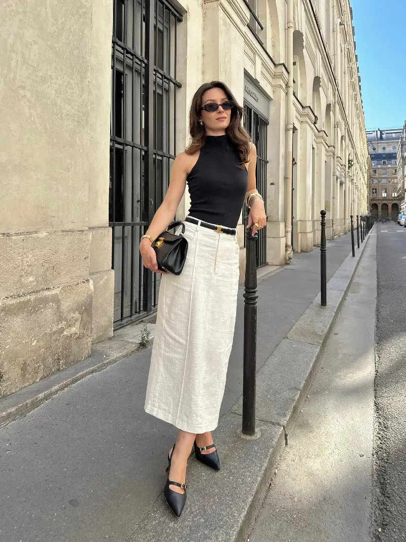 Black Mock Neck Top with Cream Midi Skirt and Slingback Heels