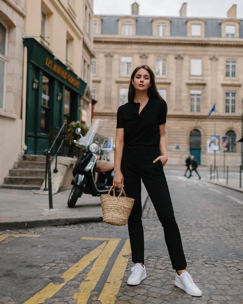  Black Polo Top with Cropped Trousers and White Sneakers