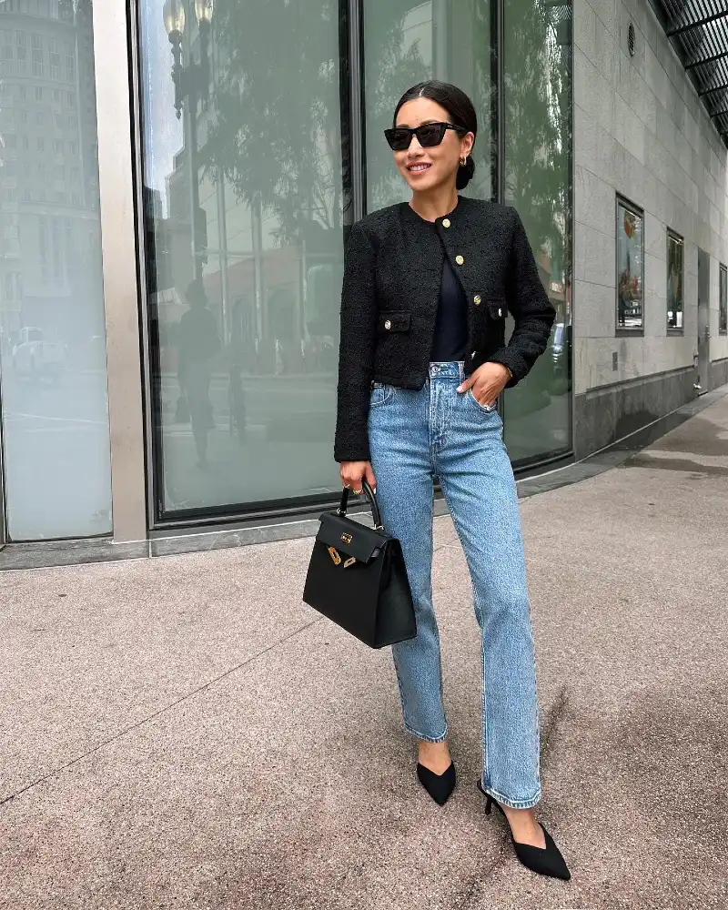 Black Textured Jacket with Straight Leg Blue Jeans and Pointed Heels