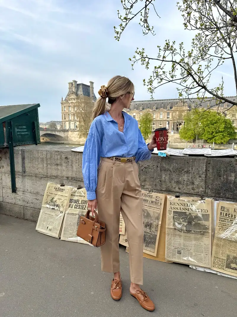 Blue Relaxed Blouse with Camel Pleated Trousers