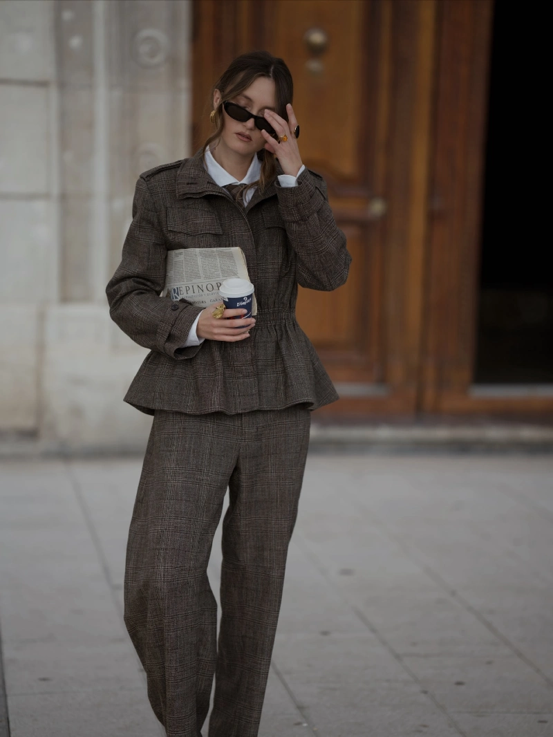 Brown Plaid Peplum Jacket with Matching Tailored Trousers