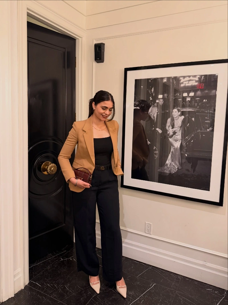 Camel Blazer with Black Wide Leg Trousers and Cream Pointed Shoes