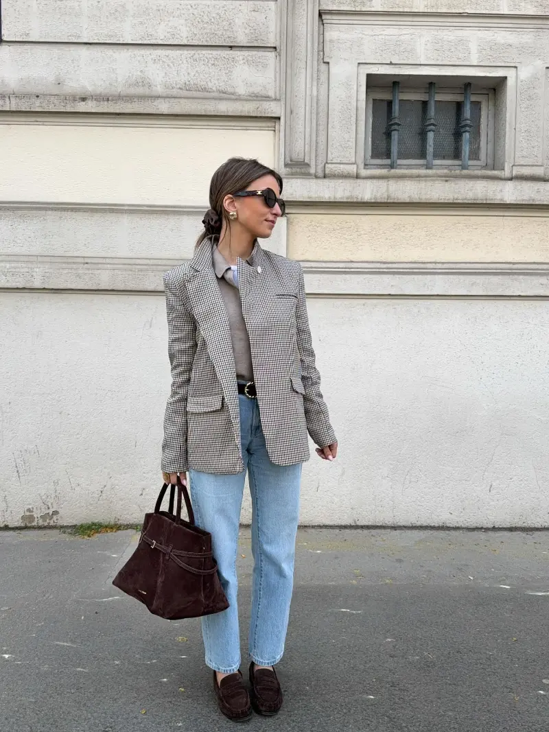 Checked Blazer with Taupe Knit, Straight Jeans, and Brown Loafers