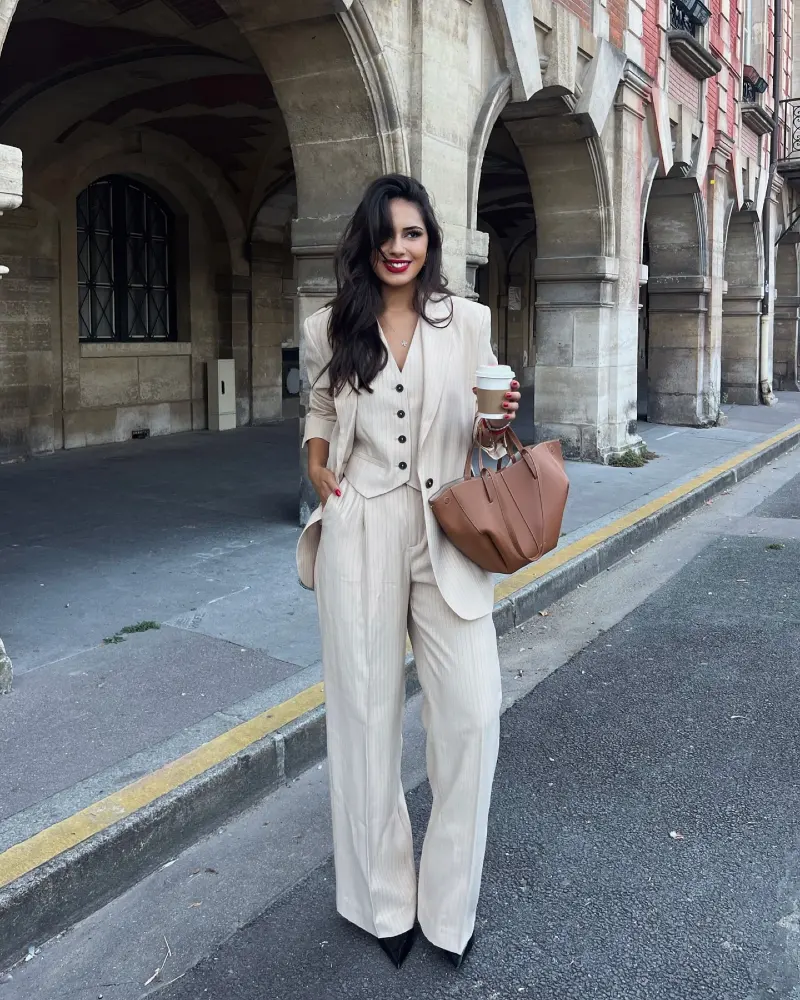 Cream Pinstripe Three Piece Suit with Wide Leg Trousers