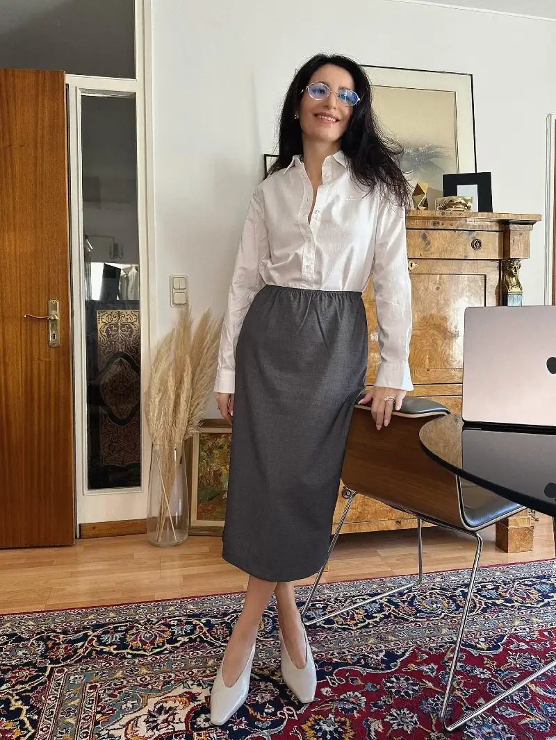 Crisp White Shirt with Charcoal Midi Skirt and Cream Pointed Pumps